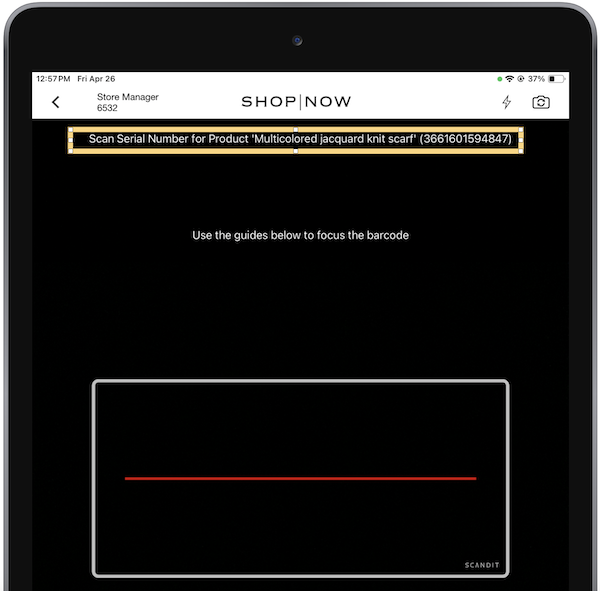 The device's camera used to scan a serialized item when it's received.