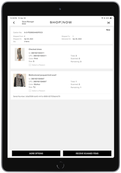 The POS app showing inventory filtered by Serialized Item Receiving.