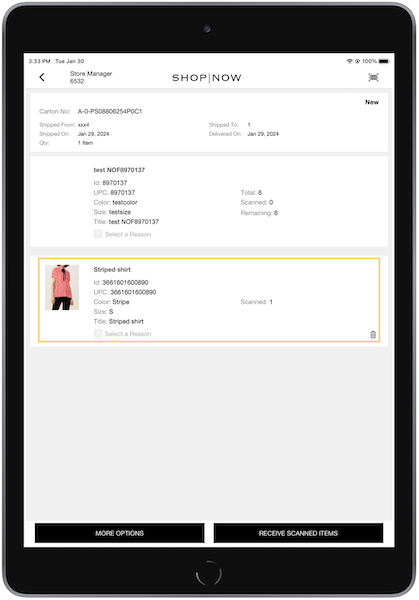 A manually received item shown in the POS app.