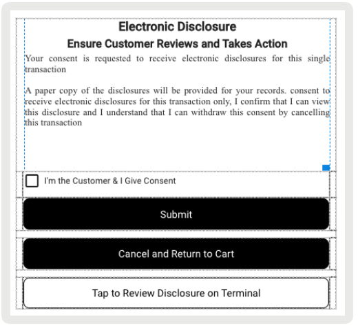 A digital form displays an electronic disclosure requiring customer consent.