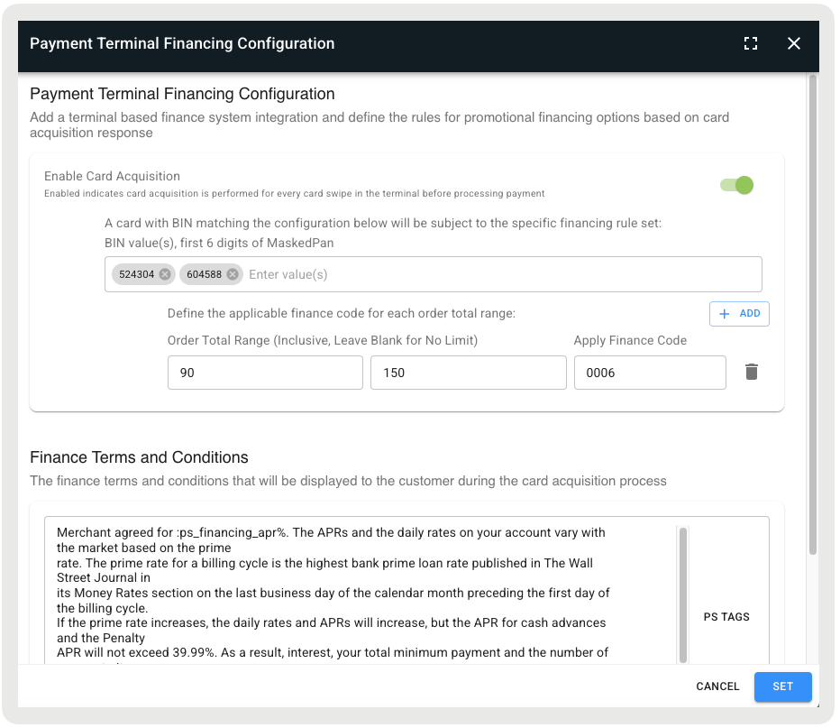 A screen details payment terminal financing configuration.