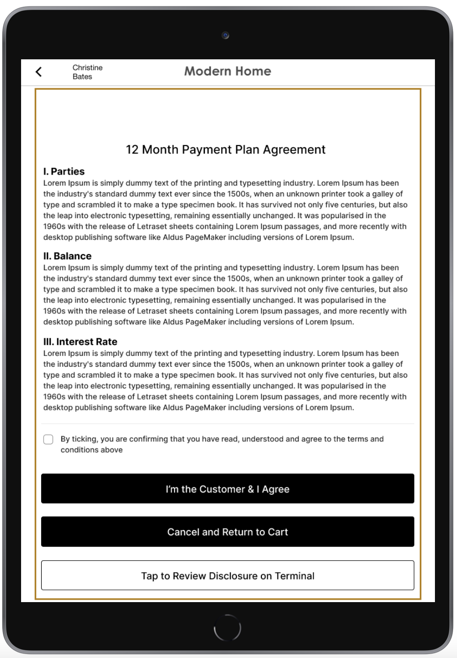 A payment plan agreement on a tablet lists parties, balance, and interest rate information.
