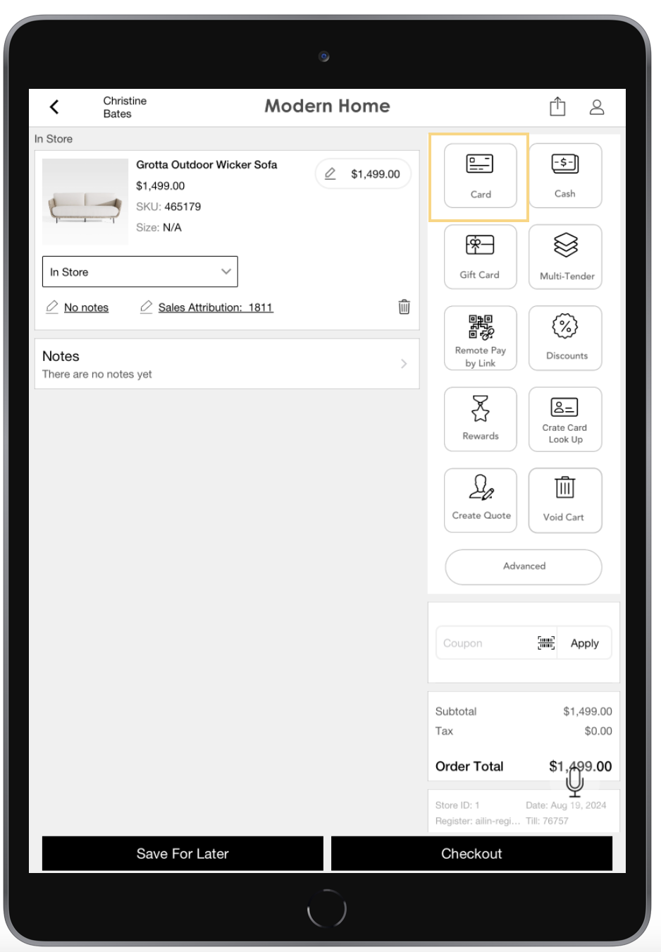 A store interface on a tablet displays an order for a wicker sofa.