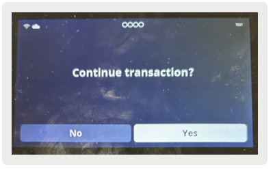 A touch screen displays a transaction confirmation message.