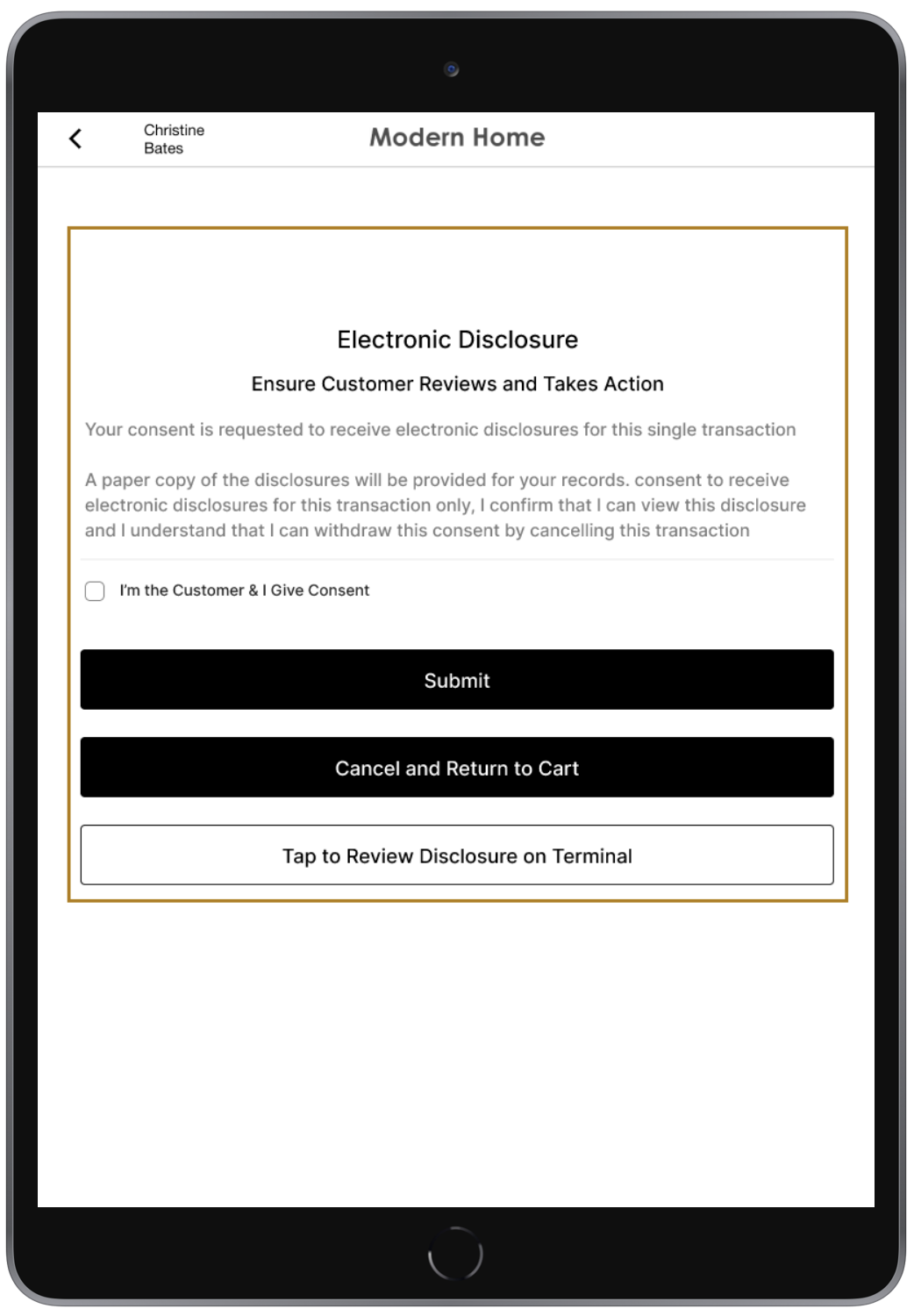 A prompt requests consent to receive electronic disclosures.