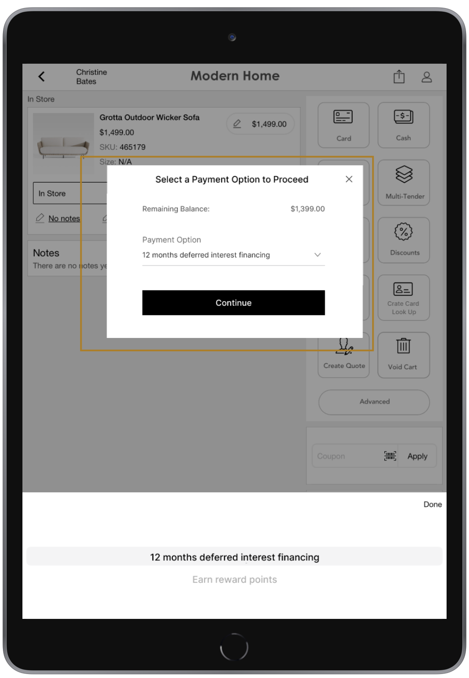 A tablet displays a payment option to proceed, including selecting a payment option for deferred interest financing.