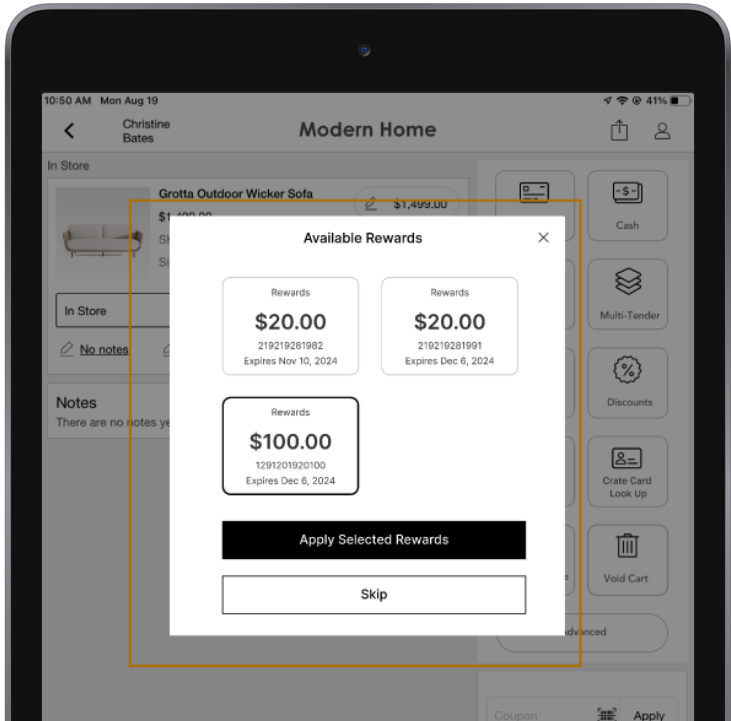 A screen presents available rewards.