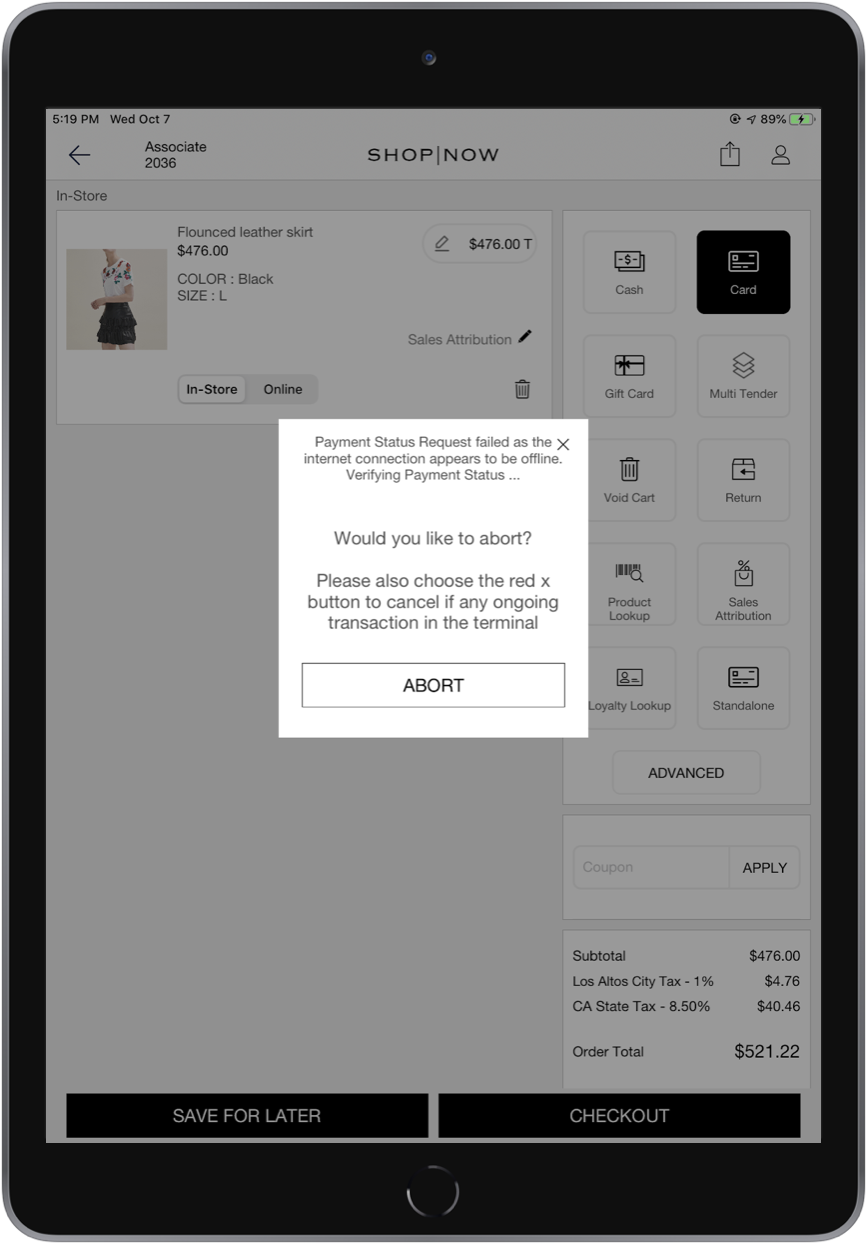 An application screen displays an abort message.