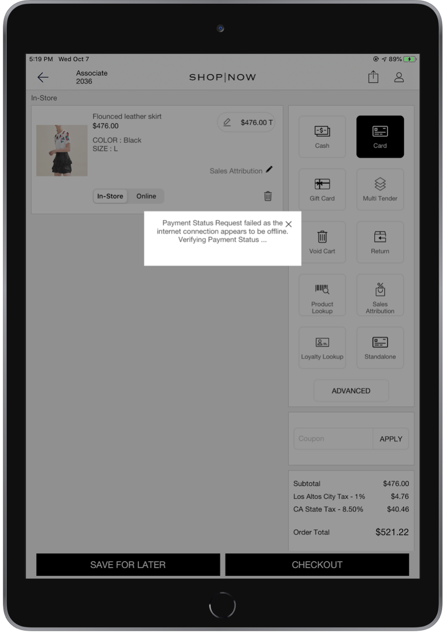 A screenshot of a point of sale app on a tablet.