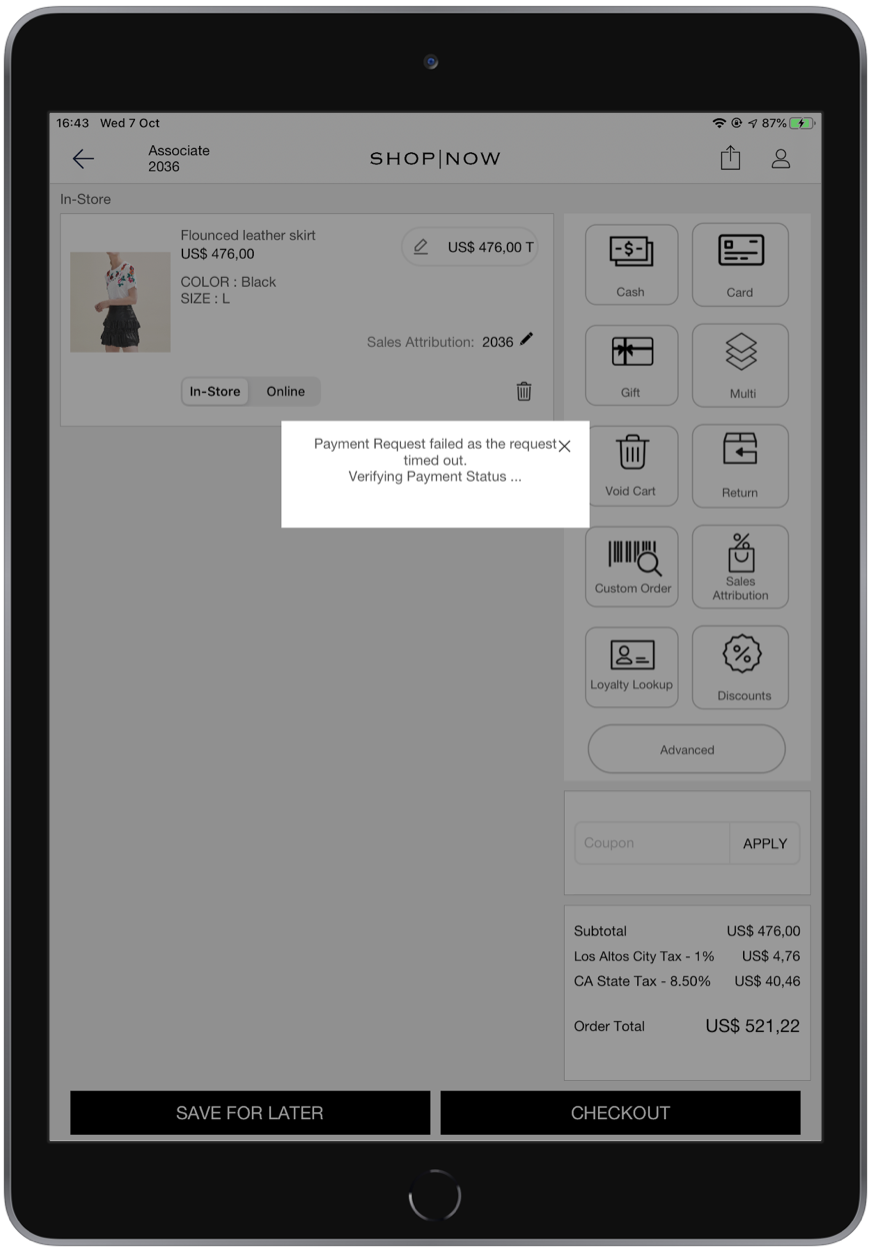 An iPad screen displays an online retail app with a timed out payment request.