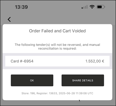 The POS app shows the order failed and cart voided warning.