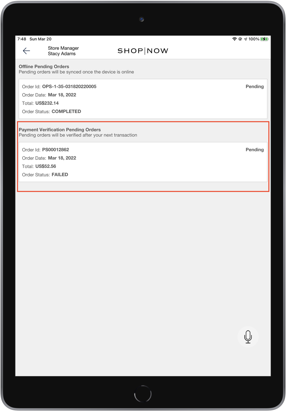 The POS app displays details of a failed order from an Ayden's transaction.