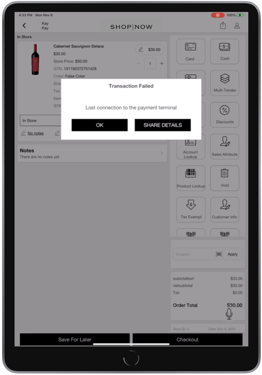 The POS app displays an error message indicating the connection has been lost.