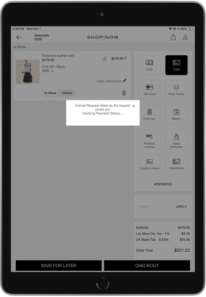A tablet displaying a point of sale system screen.