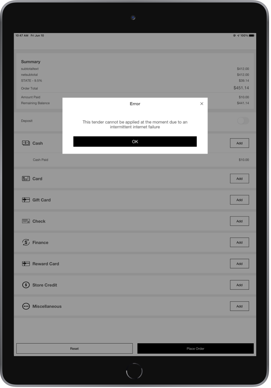 The POS app displays the error message ​​​​:This tender cannot be applied at the moment due to an intermittent internet failure”.