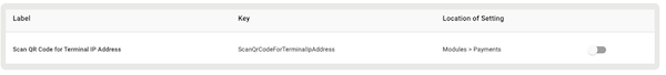 The Scan QR Code for Terminal IP Address setting in Ayden is turned off.