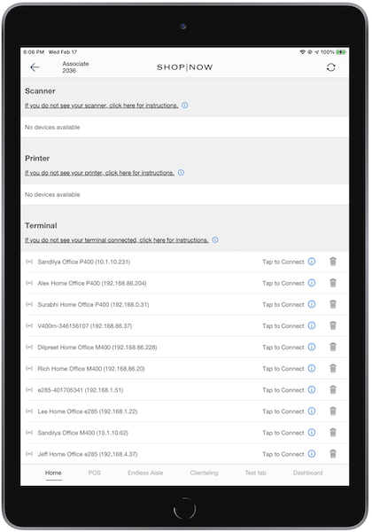 A list of available Ayden terminals in the POS app.