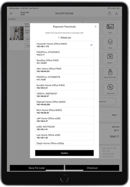 A list of Ayden payment terminals on the POS app screen.