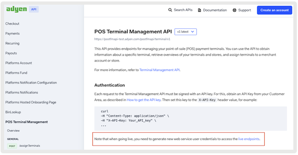 The POS Terminal Management API page in the Ayden UI.