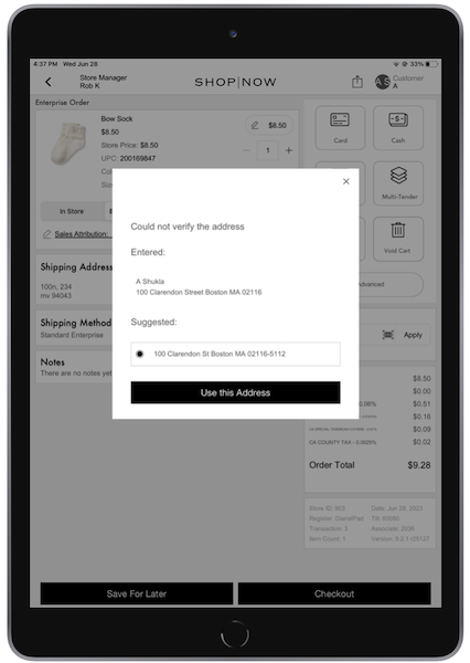 A suggested valid address that the POS app gives you in a window if you enter a nonvalid client address.