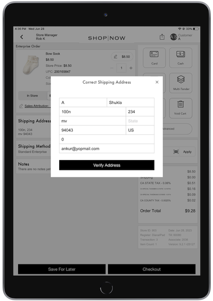 A popup window that allows you to correct shipping address information and then verify it.