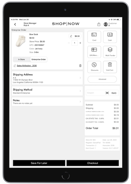 The customer's shipping address in the POS App.