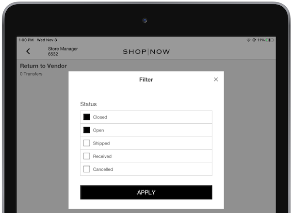 Available filters for the Return To Vendor transfers. Closed and Open are selected.