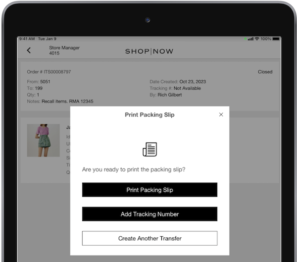 The Print Packing Slip window in the POS app.