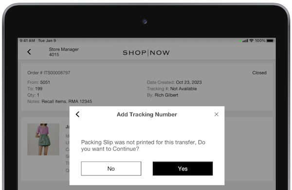 The Add Tracking Number window in the POS that shows a warning about no packing slip being printed.