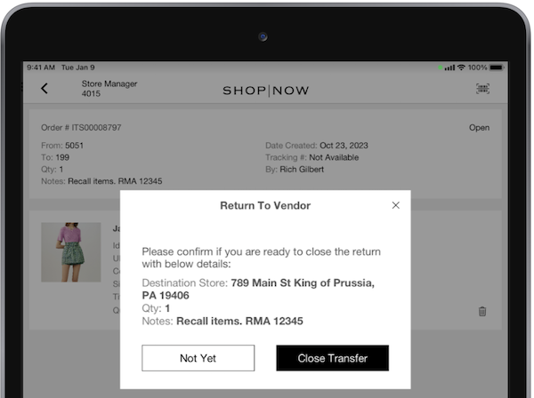 The Return to Vendor wndow in the POS all prompting you whter to close the transfer or not.