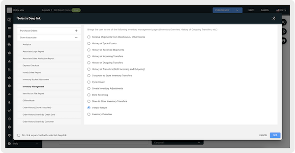 Select a Deep Link for Vendor Return in Point of Sale CMS.
