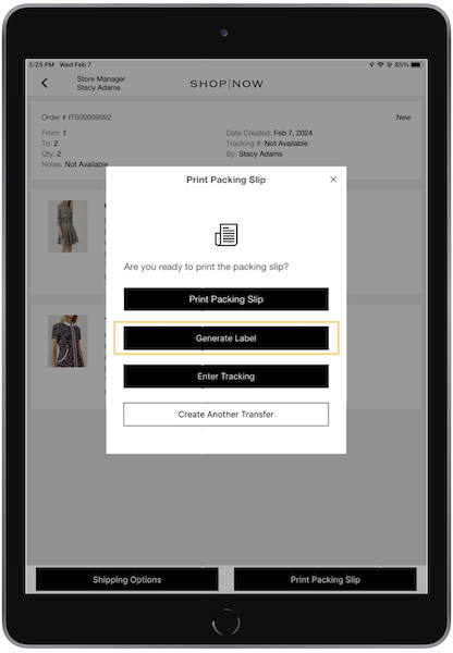 The Print Packing Slip window in the POS app.