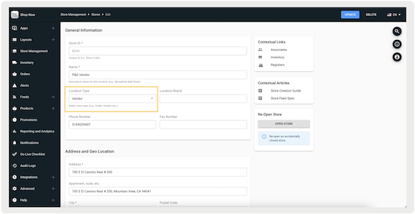 The Localtion Type setting in the Edit section of the Stores page in Point of Sale CMS.