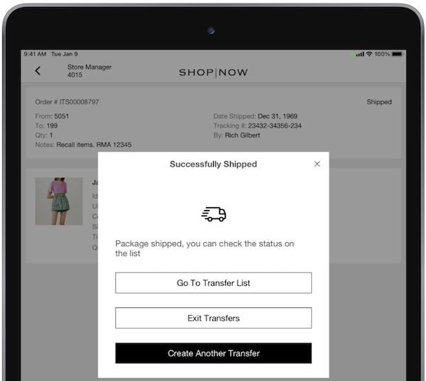 The Successfully Shipped Window in the POS with three additional options for what to do next.