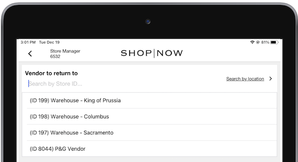 Searching for vendors to whom to return an order in the POS app.