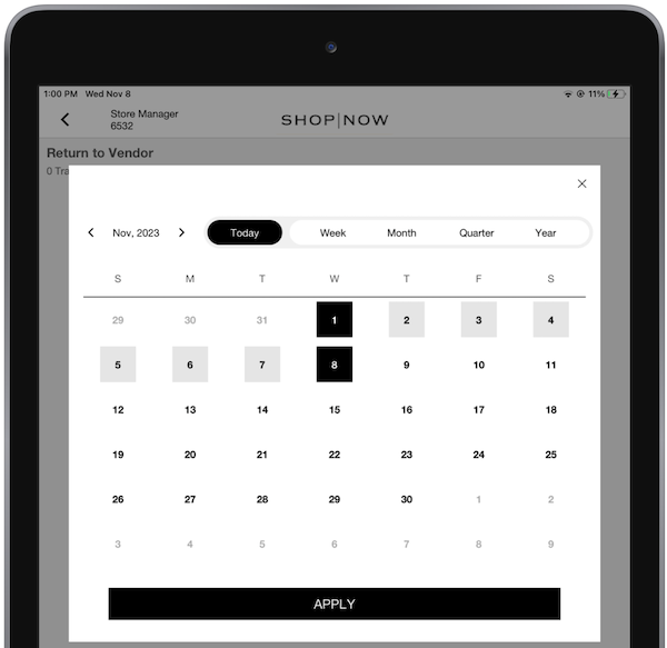 The Return to Vendor transfers sorted by a range of calendar dates.