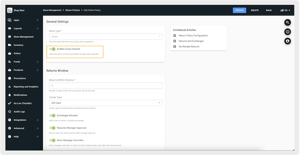 The Edit Online Policy screen in Point of Sale CMS, where you turn on Enable Cross Channel.