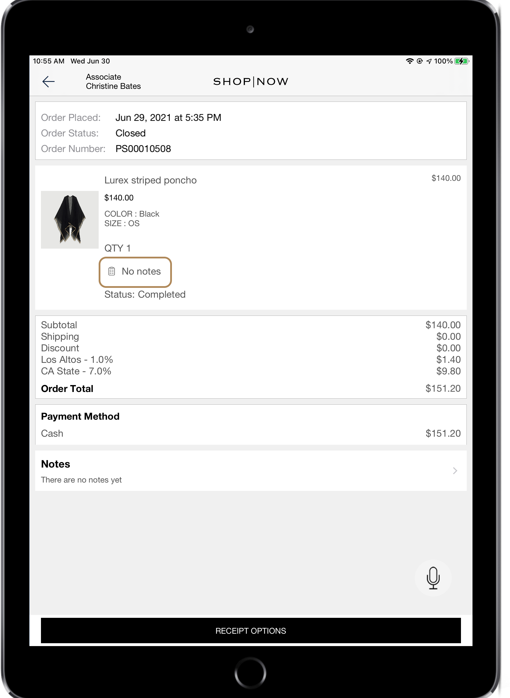 A POS cart highlighting an item to show it has no notes.