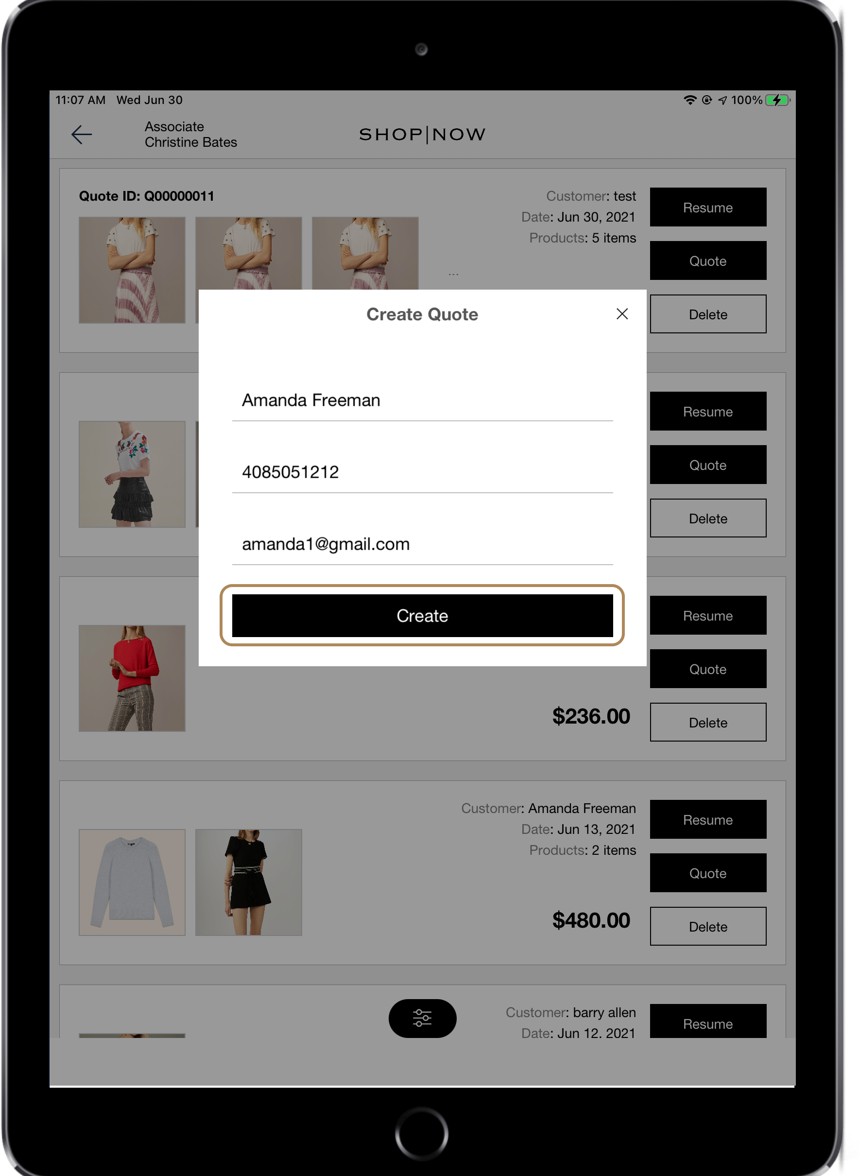 A POS shows the create a quote dialog.