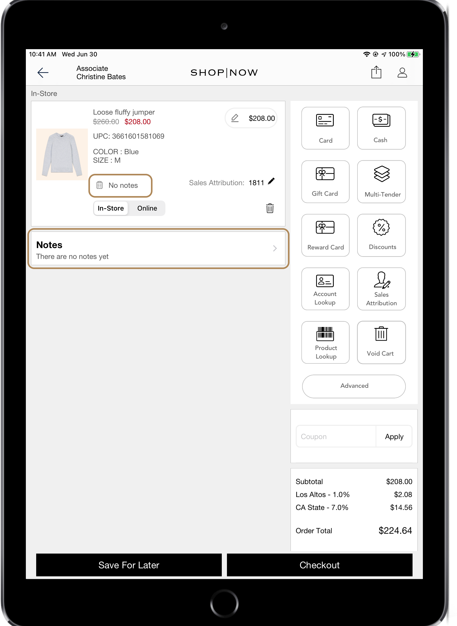A POS cart with note options highlighted.