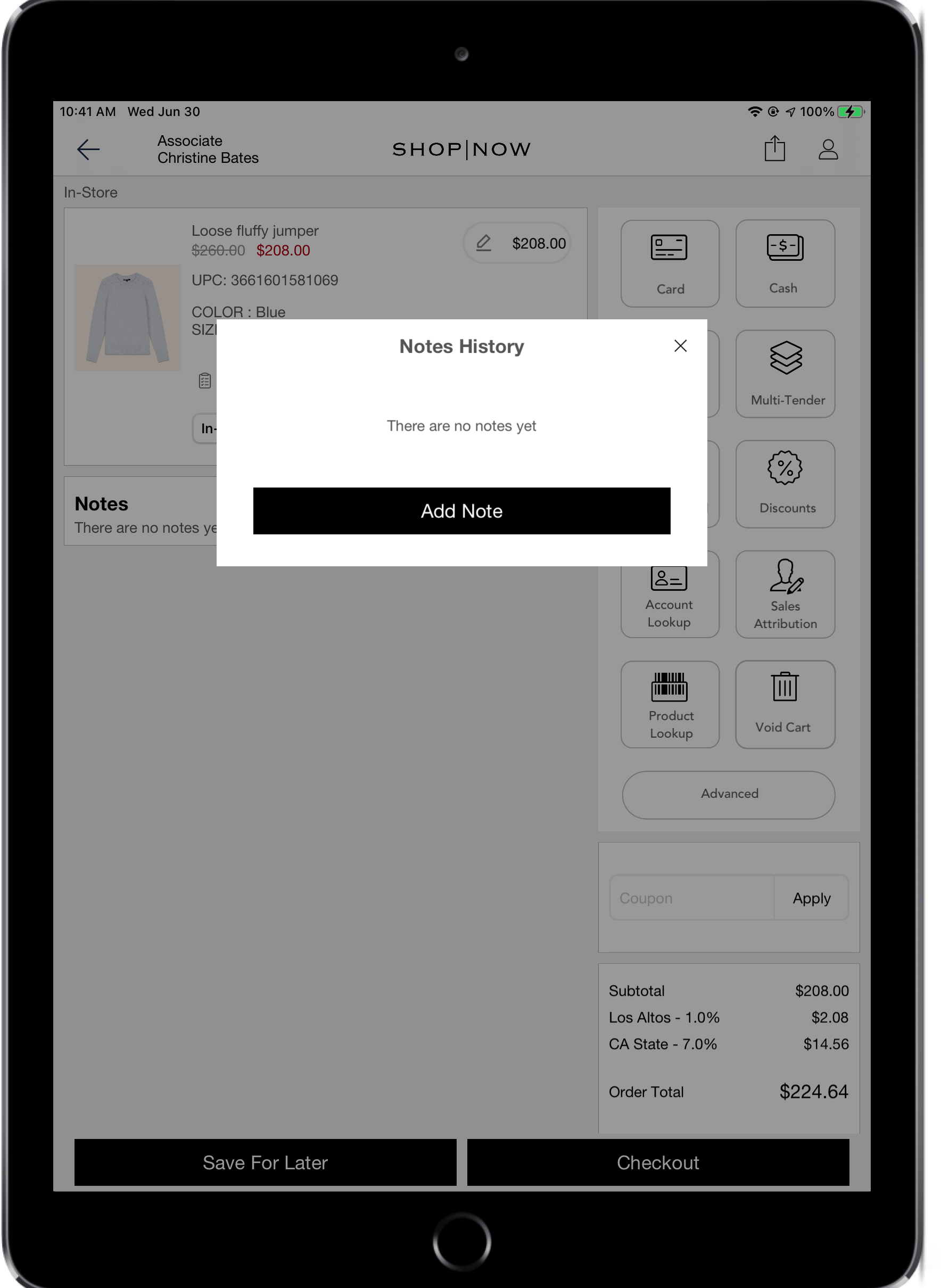 A POS cart shows the dialog to confirm the addition of a note.