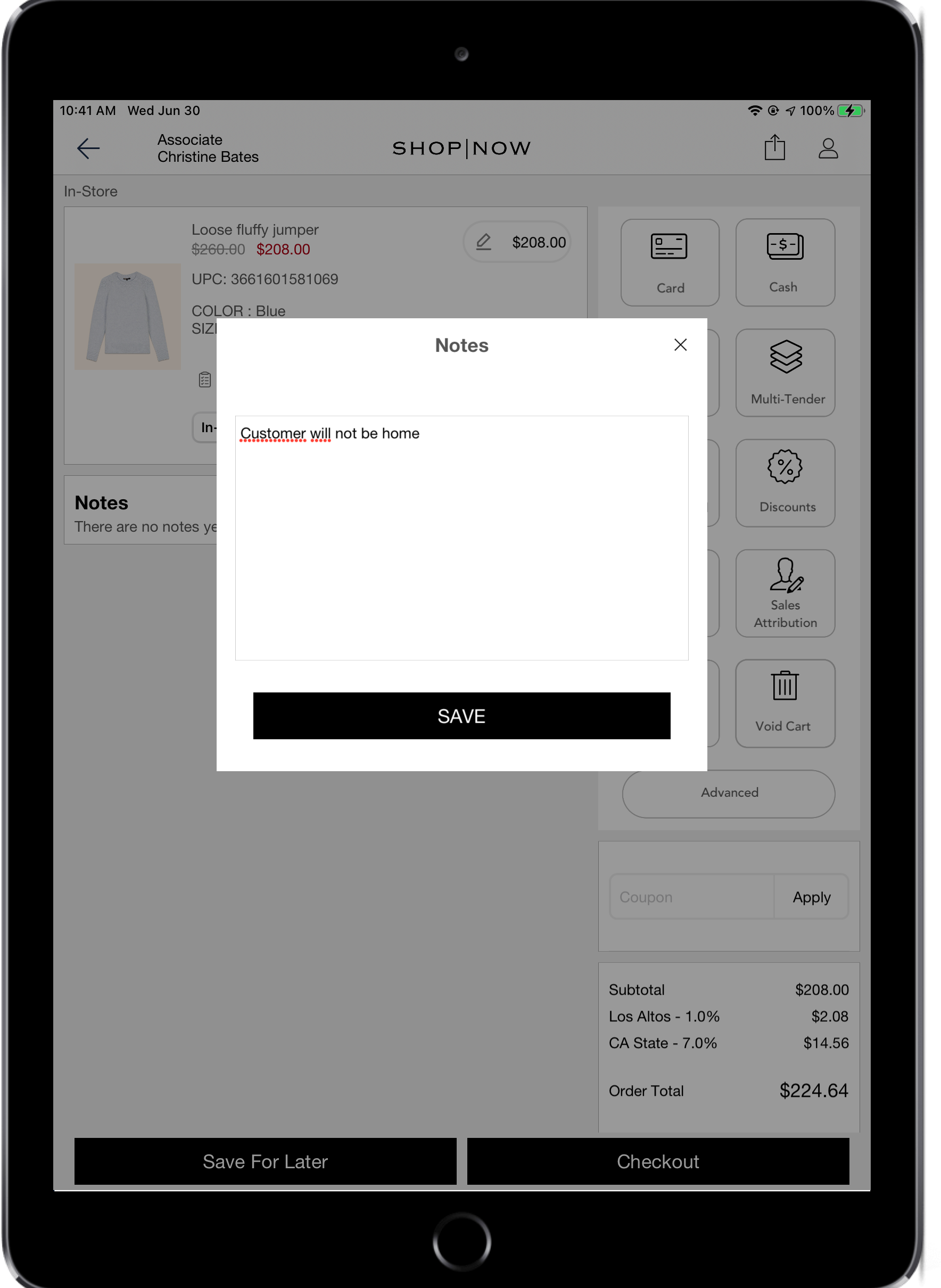 A POS cart shows the dialog for note entry.
