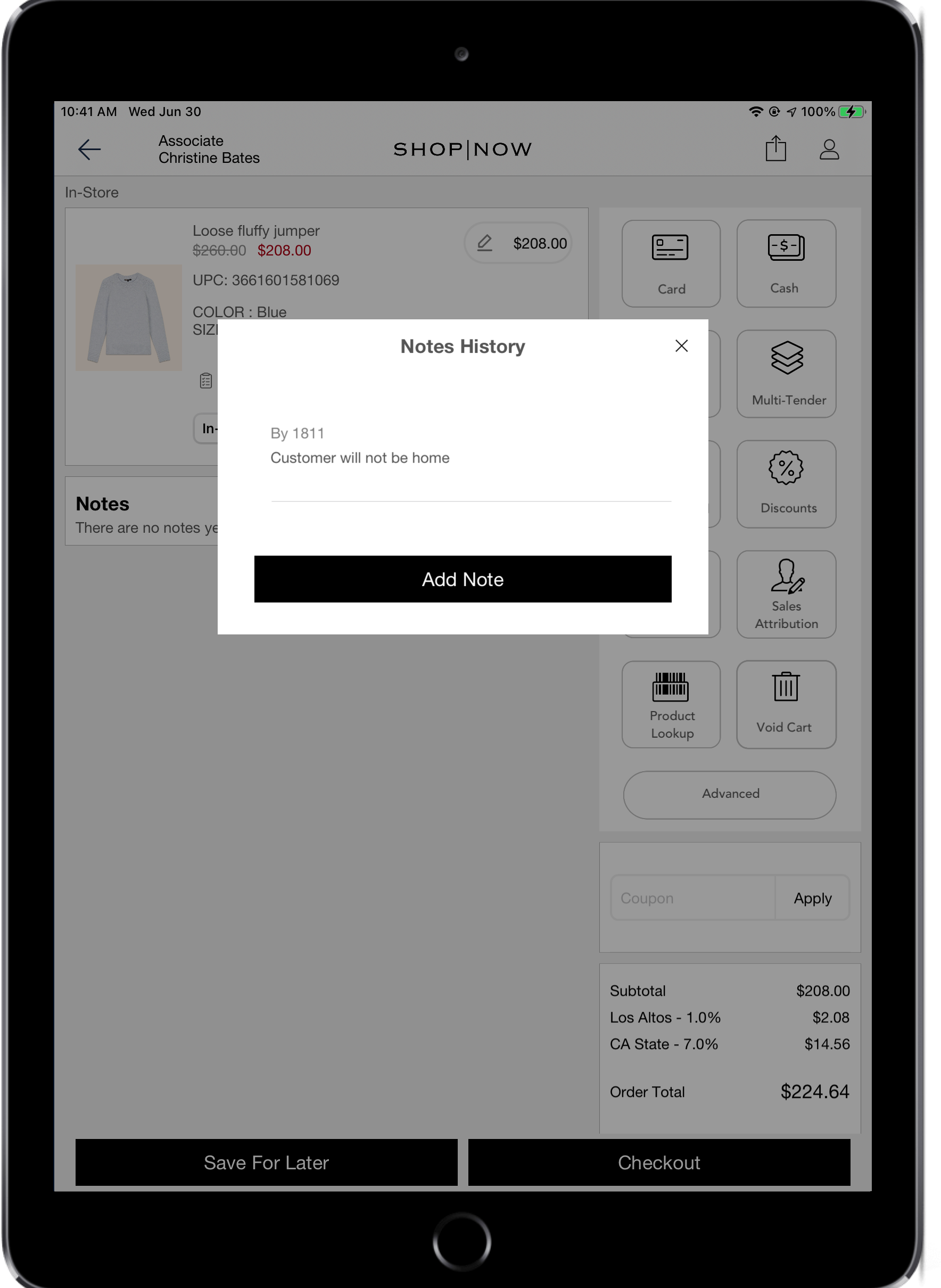 A POS cart shows the note history dialog.