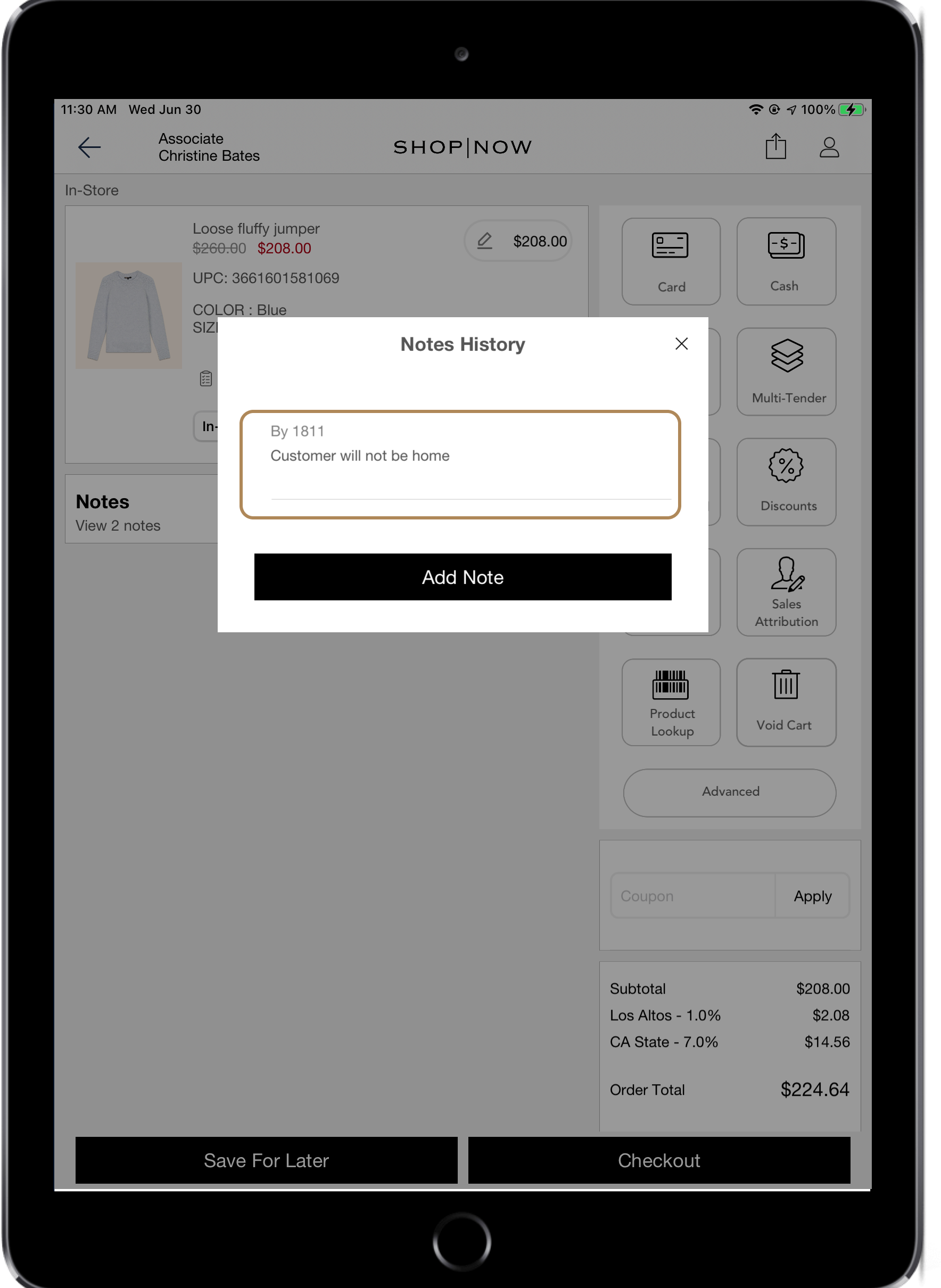 A POS screen shows the dialog for updating a note.