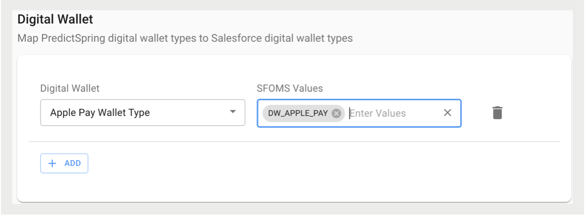 A web form displays digital wallet settings.