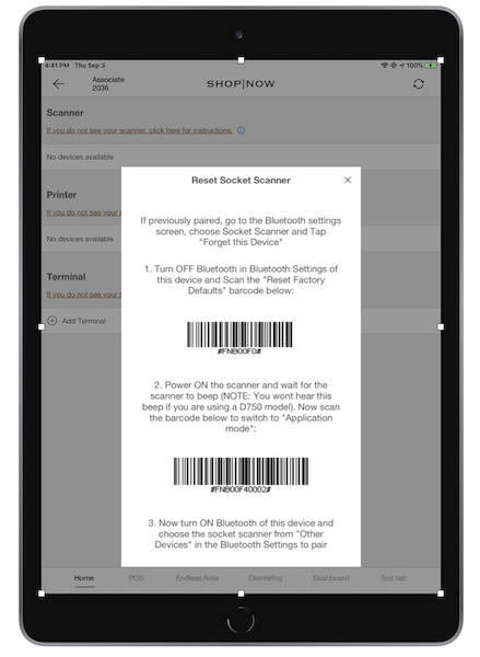 The popup with barcodes to scan if you select click here for instructions.