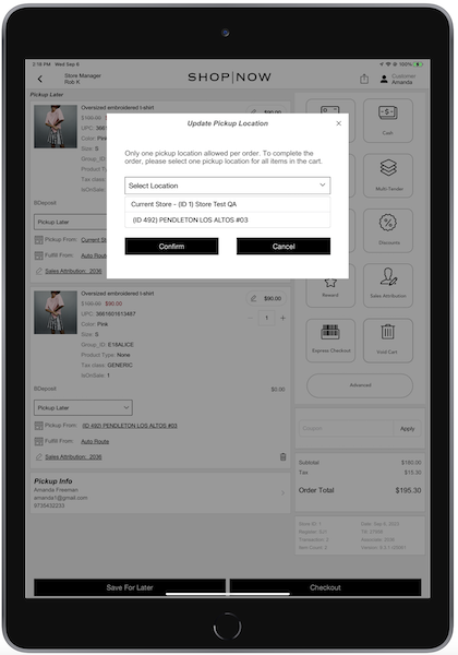 The Update Pickup Location window in the POS App.