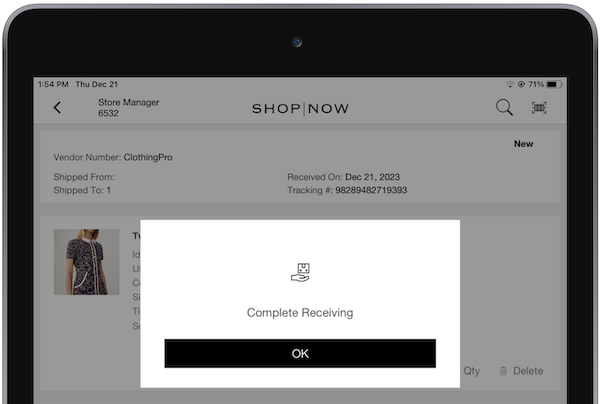 A Completed Receiving window in the POS app.