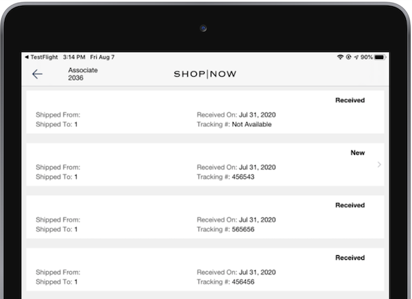 The Blind Receiving list in the POS app.