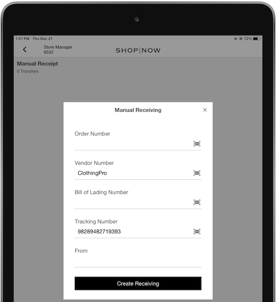 The Manual Receiving window in the POS app.